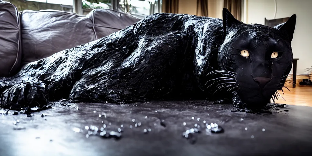 Image similar to the smooth black panther, made of smooth black goo, laying on the couch in the living room after bathing in the ferrofluid, viscous, sticky, full of tar, covered with black goo. photography, dslr, reflections, black goo