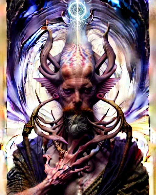 Prompt: the hermit tarot card, fantasy character portrait made of fractals, ultra realistic, wide angle, intricate details, the fifth element artifacts, highly detailed by peter mohrbacher, hajime sorayama, wayne barlowe, boris vallejo, aaron horkey, gaston bussiere, craig mullins