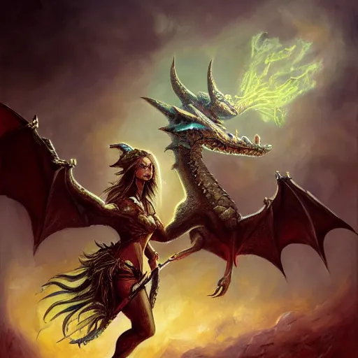 Image similar to oil painting of girl riding a dragon, fantasy, realistic textured scales, glowing eyes, sharp focus, artgem, boris valejo, frank frazetta, heavy metal style, trending on artstation, digital painting, julie bell, beautiful, very detailed,