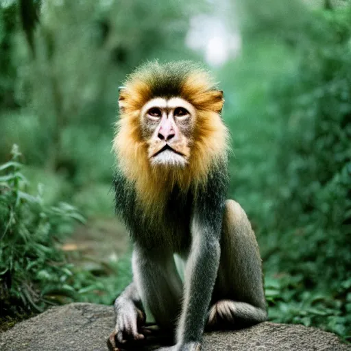 Image similar to An Award winning photo of a Half Monkey Half Lion hybrid, 4K, , cinestill 800, Noctilux 50mm