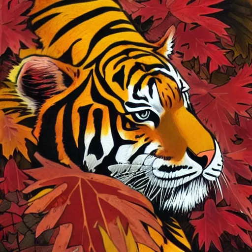 Image similar to a highly detailed portrait of cartoon tiger, sweating, flapping a leaf fan, autumn leaves on the ground, concise lines, ultradetailed environment, sharp focus, cinematic lighting, character art, 8 k, by alphonse maria mucha and kim jung gi