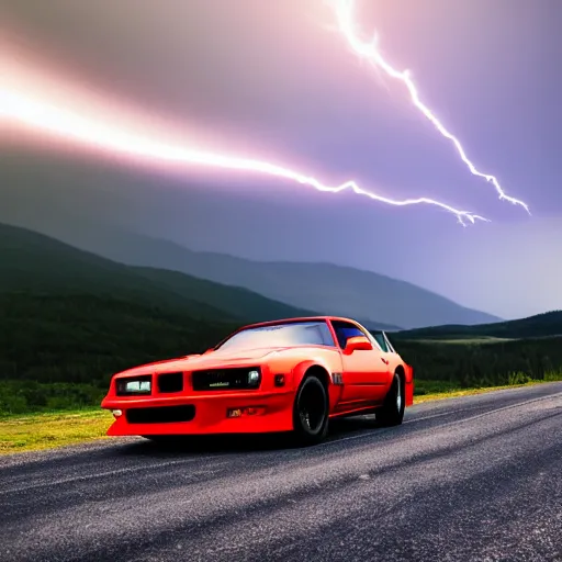 Image similar to black pontiac firebird trans - am driving towards the camera, huge spider creature in the background, norway mountains, valley, lake, dynamic, cinematic, motionblur, volumetric lighting, wide shot, low angle, red glow in sky, large lightning storm