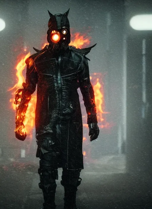 Image similar to cyberpunk man wearing black metal respirator black cloak black hood burning eyes on fire ghost rider witch king of angmar ring wraith Bladerunner 2049 movie still (2017) style of Roger Deakins Jeremy Saulnier Newton Thomas Sigel Robert Elswit Greig Fraser trending dark hallway rtx on ue4 35mm Kodak Vision 2383 gritty atmospheric