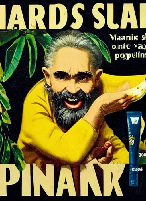 Prompt: vintage toothpaste advertisement depicting charles manson slipping on a banana peel