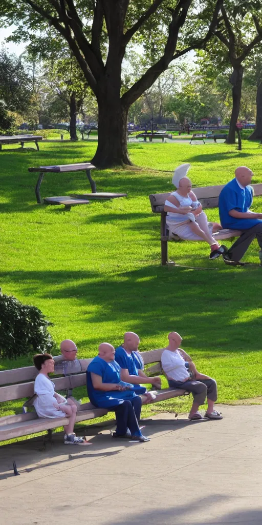 Image similar to In the park, bald old people in hospital gowns and bald children sitting on benches .