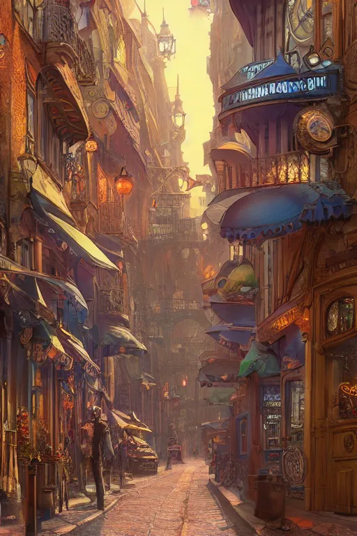 Prompt: colorful street vue of steampunk paris, intricate details, realistic shaded , steampunk, highly detailed, artstation, painting by François Schuiten and moebius, disney fantasy style, octane render, dynamic light, volumetric light, neon lights, cinematic mood