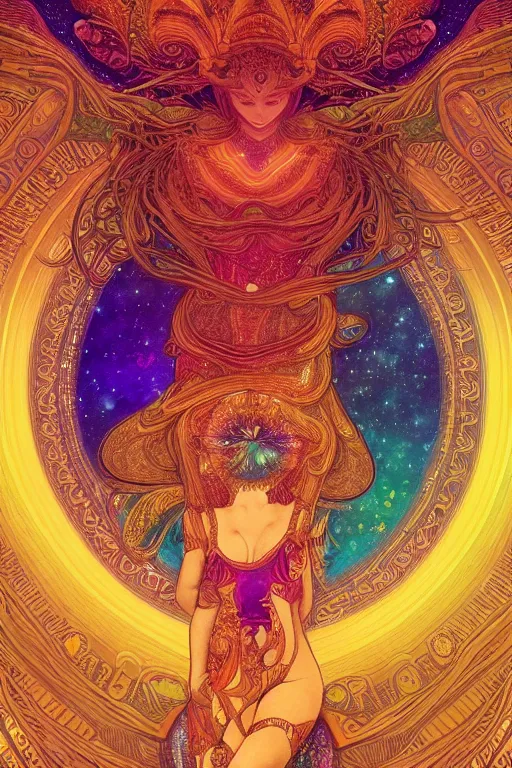 Prompt: beautiful goddess of space and dreams, mandala, coherent design, symmetrical, vivid colors, digital watercolor ink illustration painting, complementary color, golden ratio, detailed, sharp lines, sharp focus, intricate, rainbowshift, artgerm, gustave dore, maxfield parrish, alphonse mucha, octane render