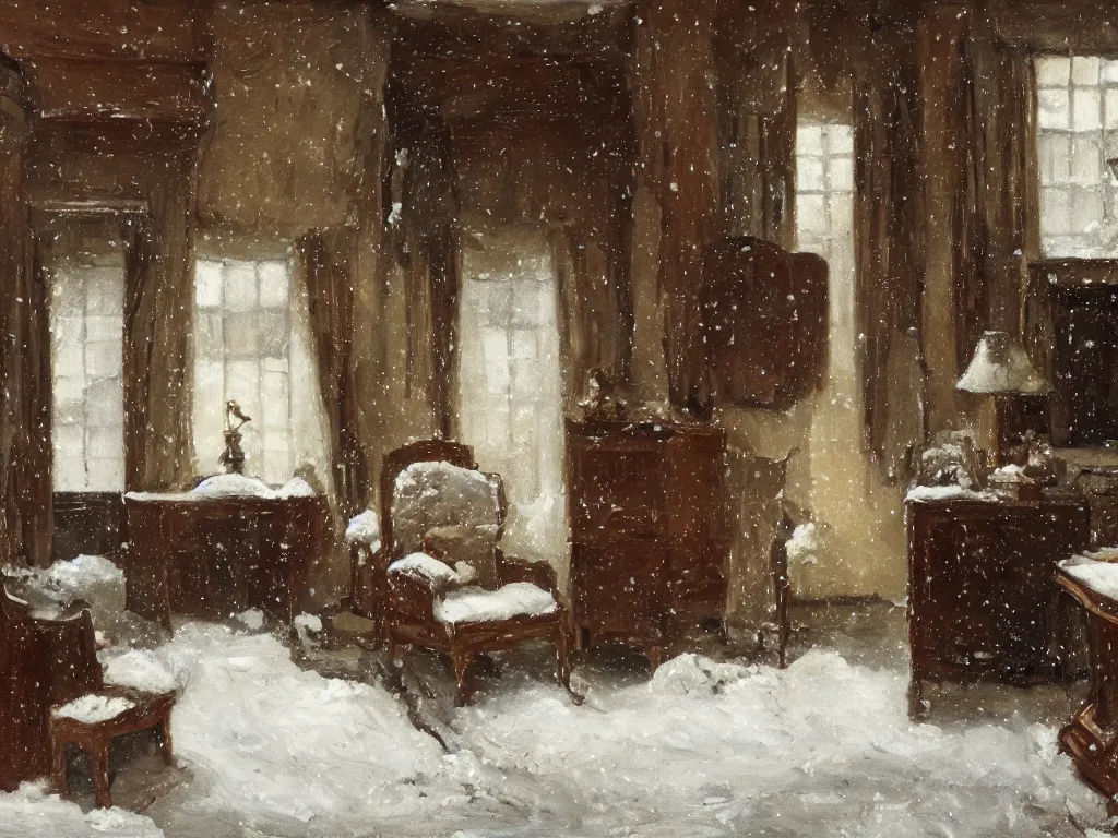 Prompt: It snows in the interior of a bourgeoise room, Still life with snow.