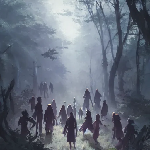 Image similar to group of vampires in the woods, hyperrealistic, trending on pixiv fanbox, painted by greg rutkowski makoto shinkai takashi takeuchi studio ghibli, akihiko yoshida