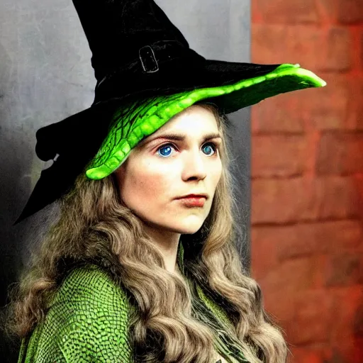 Image similar to the wicked witch of the game of thrones, green skin, witch hat, dragons