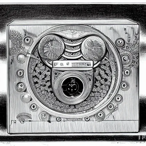 Prompt: an ernst haeckel drawing of a nagra tape recorder