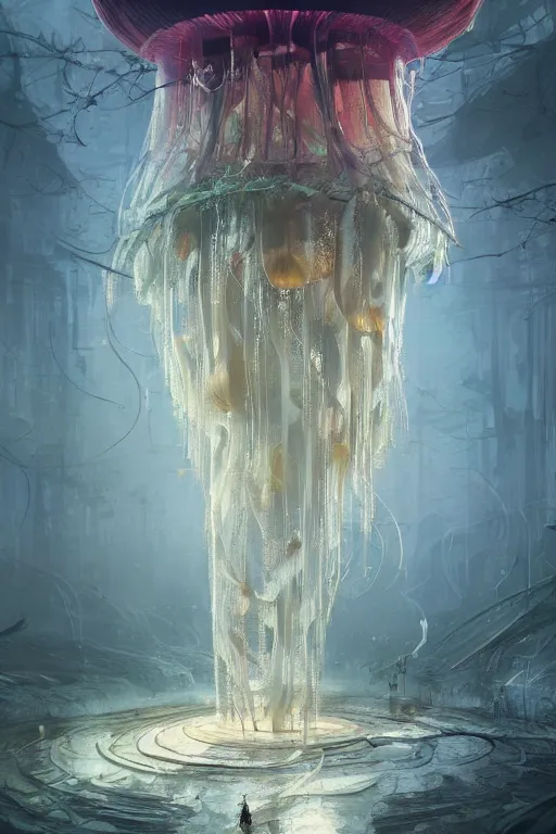 Prompt: A forest city inside of a jellyfish, intricate, elegant, digital painting, trending on Artstation, concept art, smooth, sharp focus, illustration, from Metal Gear by Ruan Jia and Mandy Jurgens and Artgerm and William-Adolphe Bouguerea, award winning