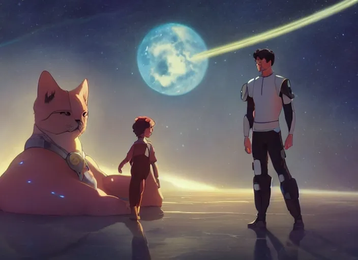 Image similar to a space handsome gay guy and his pet space cat staring role in a musical sci - fi space opera ghibli animated film, volumetric lighting, octane render by stanley artgerm lau, greg rutkowski, thomas kindkade, alphonse mucha, loish, norman rockwel, 8 k greg rutkowski