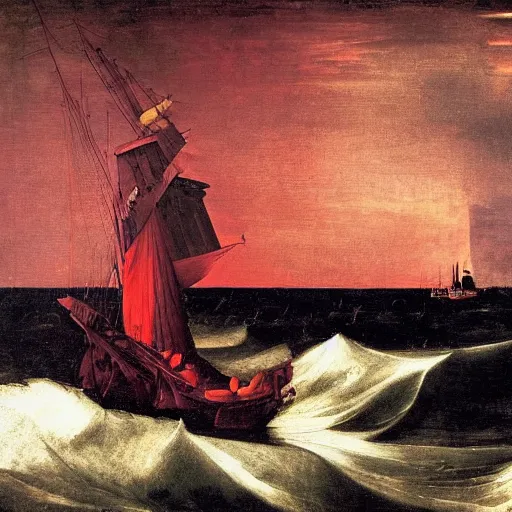 Prompt: A ship lost in a storm, on a deep black night, with a lighthouse in background, oil painting, Renaissance style, deep red background, by Caravaggio