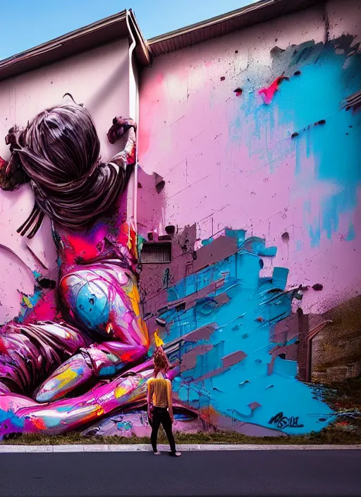 Prompt: matte painting extreme offset 3 d calligraphy graffiti mural dripping paint wall extreme maximalism by artur bordalo, by atey ghailan, by greg rutkowski, by greg tocchini, by james gilliard, by joe fenton, pink, brown, black and light blue color scheme, octane render