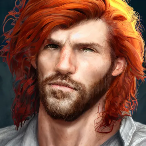 Prompt: portrait of a ruggedly handsome!!!!! male ship captain with long red hair!!!!!!, 30 years old, upper body, wavey hair, muscular, friendly, playful, D&D, hairworks, Unreal 4, fantasy, elegant, highly detailed, digital painting, hairworks, deviantart, artstation, concept art, sharp focus, dramatic lighting, illustration, art by Artgerm and Greg Rutkowski and Alphonse Mucha