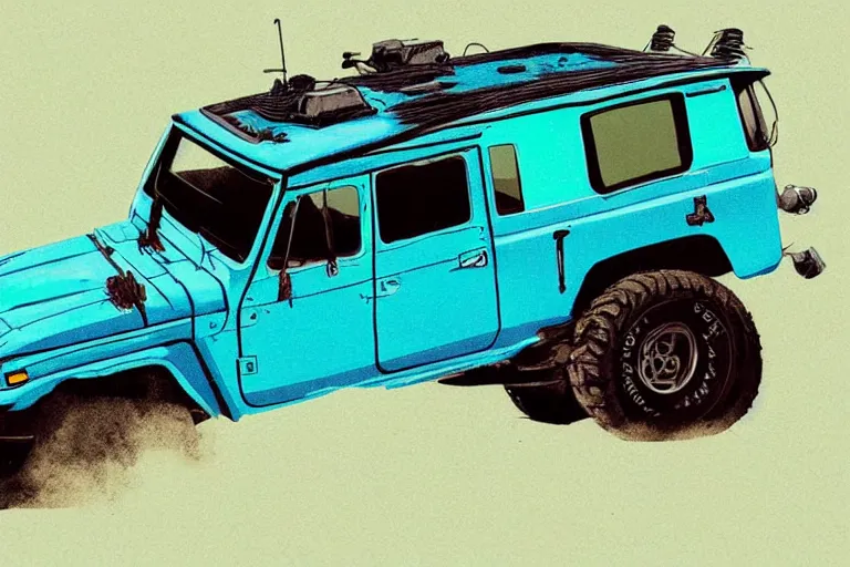 Image similar to digital illustration of a faded cyan mad max's fj 4 0 decrepit!!!! pursuit special, rusty!!! nissan fj cruiser heavily modded 1 9 9 0 s, the last v 8 interceptor by makoto shinkai, ilya kuvshinov, lois van baarle, rossdraws, basquiat