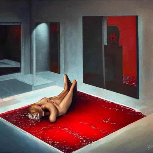 Prompt: Rachel Cook full body laying in a blood red pool of water between a golden mirror frame, outside is space and inside the mirror frame is a beautiful landscape., physically accurate, dynamic lighting, intricate, elegant, highly detailed, digital painting, artstation, HR GIGER, Hieronymus Bosch, Francis Bacon, concept art, smooth, sharp focus, illustration, art by artgerm and greg rutkowski and alphonse mucha