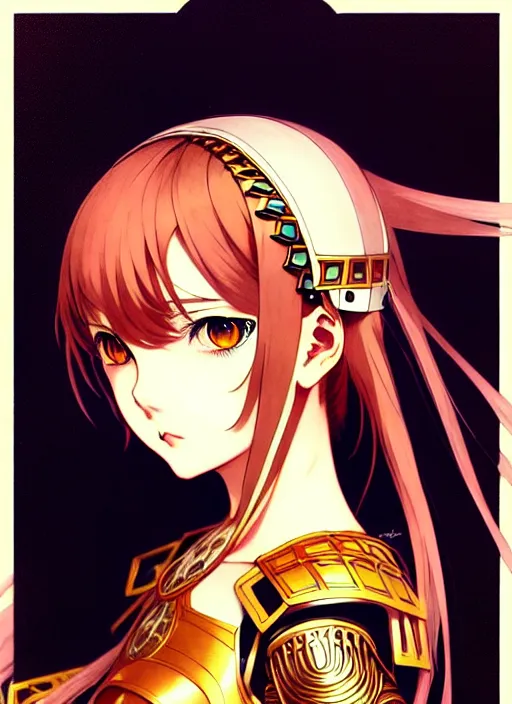 Image similar to ilya kuvshinov anime knight girl in ornate armor, last exile, murata range, fine detail, perfect anime face, dramatic lighting, dynamic composition, gustav klimt, art deco, cel shading, vivid, rich texture, ( ( ( yoshinari yoh ) ) ), alphonse mucha, ( ( ( colorful ) ) ),