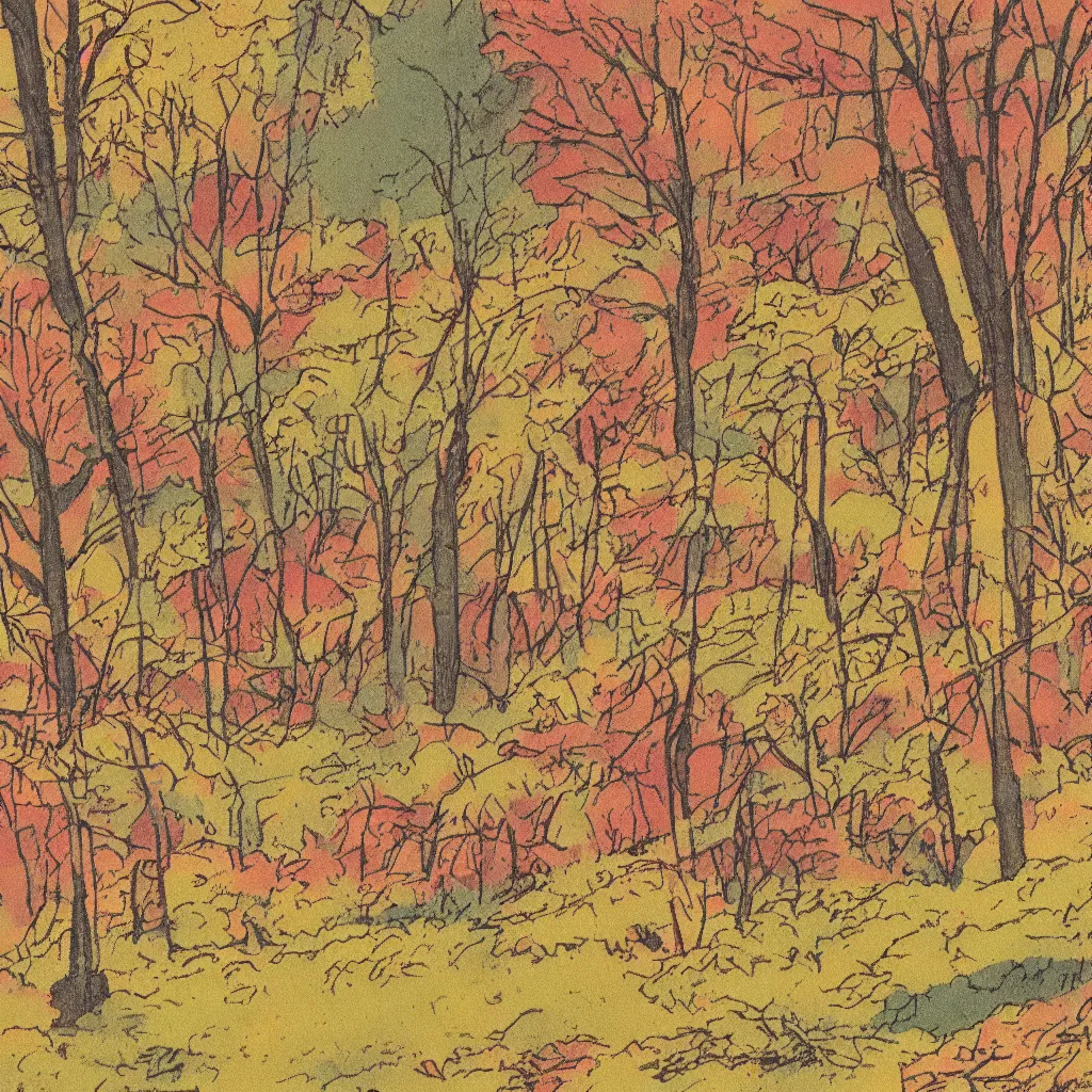 Image similar to a vintage risograph of an autumn landscape