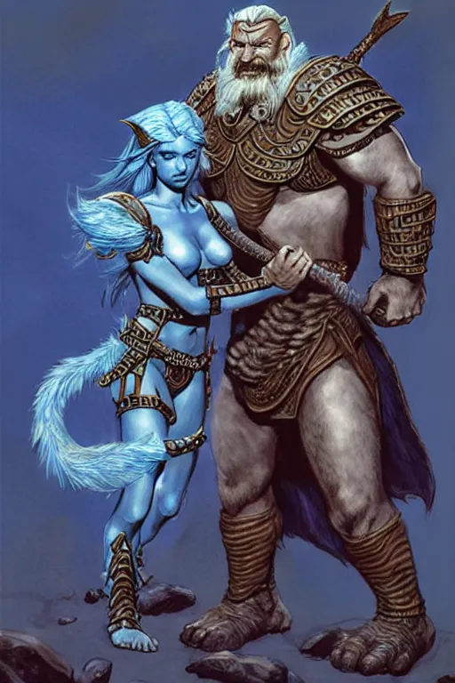 Image similar to a small blue-skinned triton girl wearing scale armor riding on a the shoulders of a large male goliath wearing fur and leather armor, dnd concept art, painting by Larry Elmore and ross tran