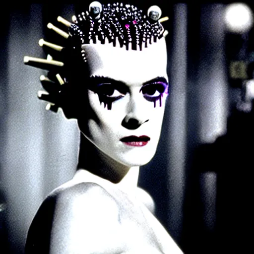 Prompt: cinematic portrait of surprised kristen mcmenamy as bride of frankenstein as a replicant in a busy nightclub,, still from the movie bladerunner, fashion photography, a sign is in the background, 8 k, high detail, face in focus