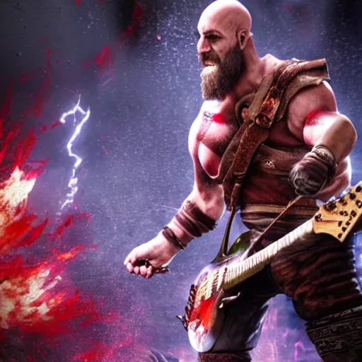 Image similar to kratos shredding on a flaming stratocaster guitar, cinematic render, god of war 2 0 1 8, santa monica studio official media, lightning, spartan rage, head turned