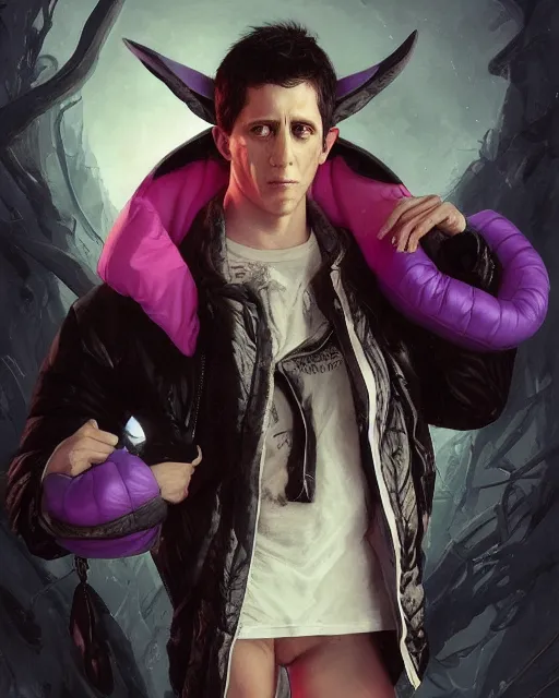 Image similar to beautiful fantasy character portrait, donnie darko, wearing oversized puffy pink bomber jacket and black bikini, ultra realistic, wide angle, seductive pose, cyberpunk artifacts, highly detailed by peter mohrbacher, pixar, malti klarwein, boris vallejo, aaron horkey, gaston bussiere, craig mullins