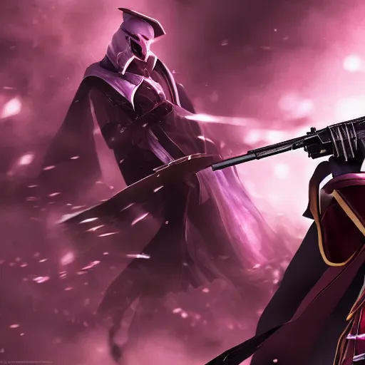 Image similar to jhin from league of legends with his rifle, cinematic shot, 4k detailed, digital art