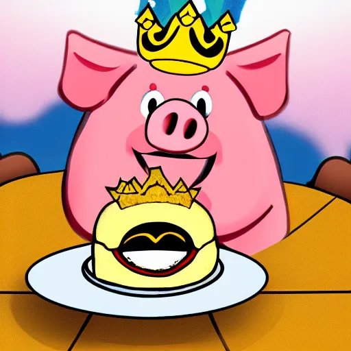 Prompt: pig wearing a crown smiling throwing food up in the air eating manga cross hatch