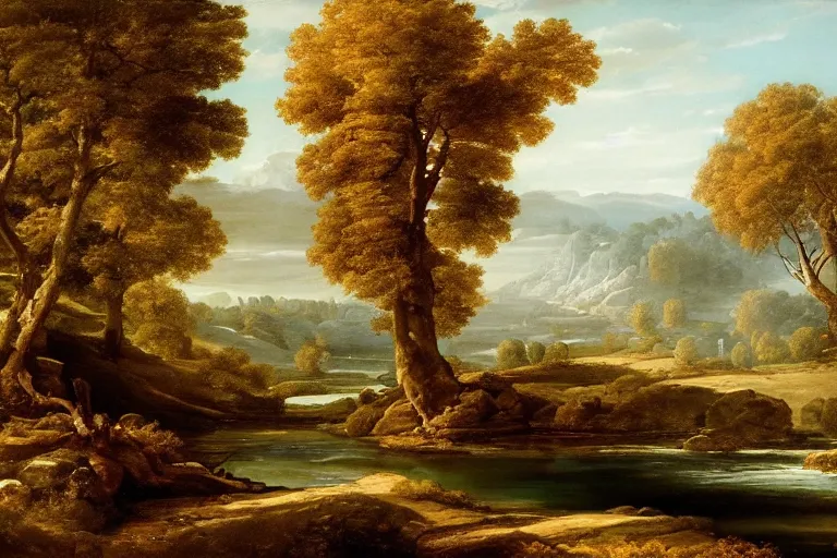 Image similar to beautiful landscape with river and oak trees, mythology, fantasy, landscape background, vivid colors, digital painting, very detailed, realistic, high quality, by claude lorrain