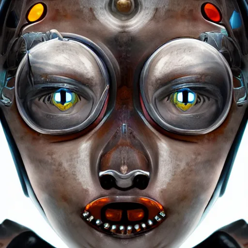 Image similar to a robot face with eyes made out of planets, shiny metal and rusty metal, mech, cyberpunk, artstation, hyperrealism, award winning digital art, photoshop contest winner, futuristic