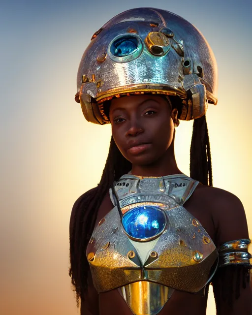 Prompt: centered medium shot fine studio photograph of a young woman wearing only a solarpunk mecha Maasai helmet with bright lights, ultra-realistic, white background, 8k HDR sunset lit, intricate