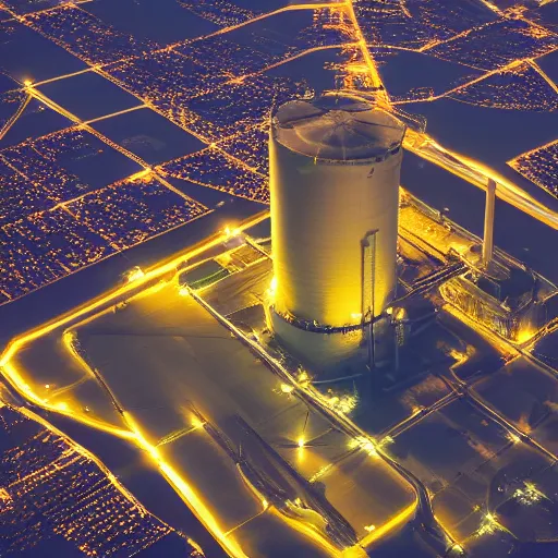 Image similar to photo of an upsidedown nuclear power plant at night birds eye view inception cinematic