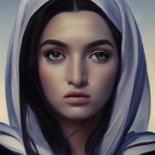 Image similar to greek ameera al taweel , blue eyes, black hair, beautiful face, white viel, Hyper-realistic, Highly Detailed, HD, by Brom, by beeple, studio ghibli, wallpaper, highly detailed, trending on artstation