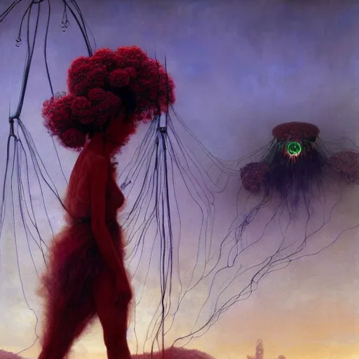Image similar to A woman wearing clothes made out of thunder clouds and flowers, giant monsters walking in the background, red skin, Masterpiece, glowing, wires everywhere, by Edgar Maxence and Ross Tran, Zdzisław Beksiński, and Michael Whelan, distant, gustav dore, H.R. Giger, 8k, octane render