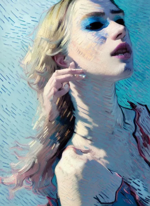 Image similar to portrait of beautiful girl, porcelain skin, ecstatic, dancing, eyes closed, shades of pastel blue and light grey, new york backdrop, beautiful face, rule of thirds, intricate outfit, spotlight, by greg rutkowski, by jeremy mann, by francoise nielly, by van gogh, digital painting