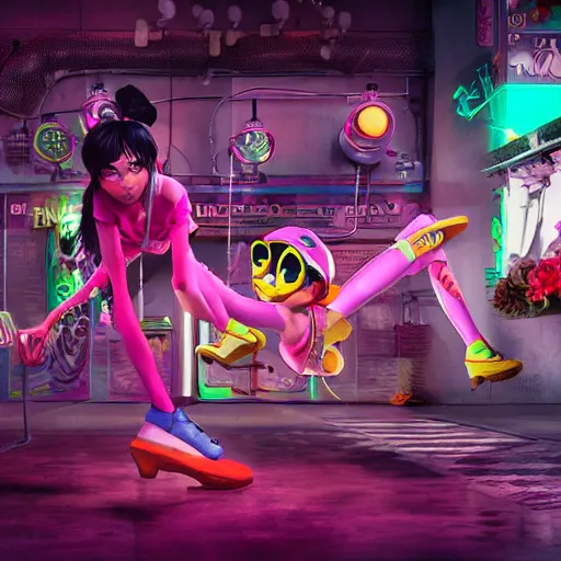 Image similar to a girl like (jinx, Princess peach), dancing, background jet ground radio, fullshot, raytrayced, octane render, epic composition, intricate details, hyperrealist, dark neon punk, by pixar