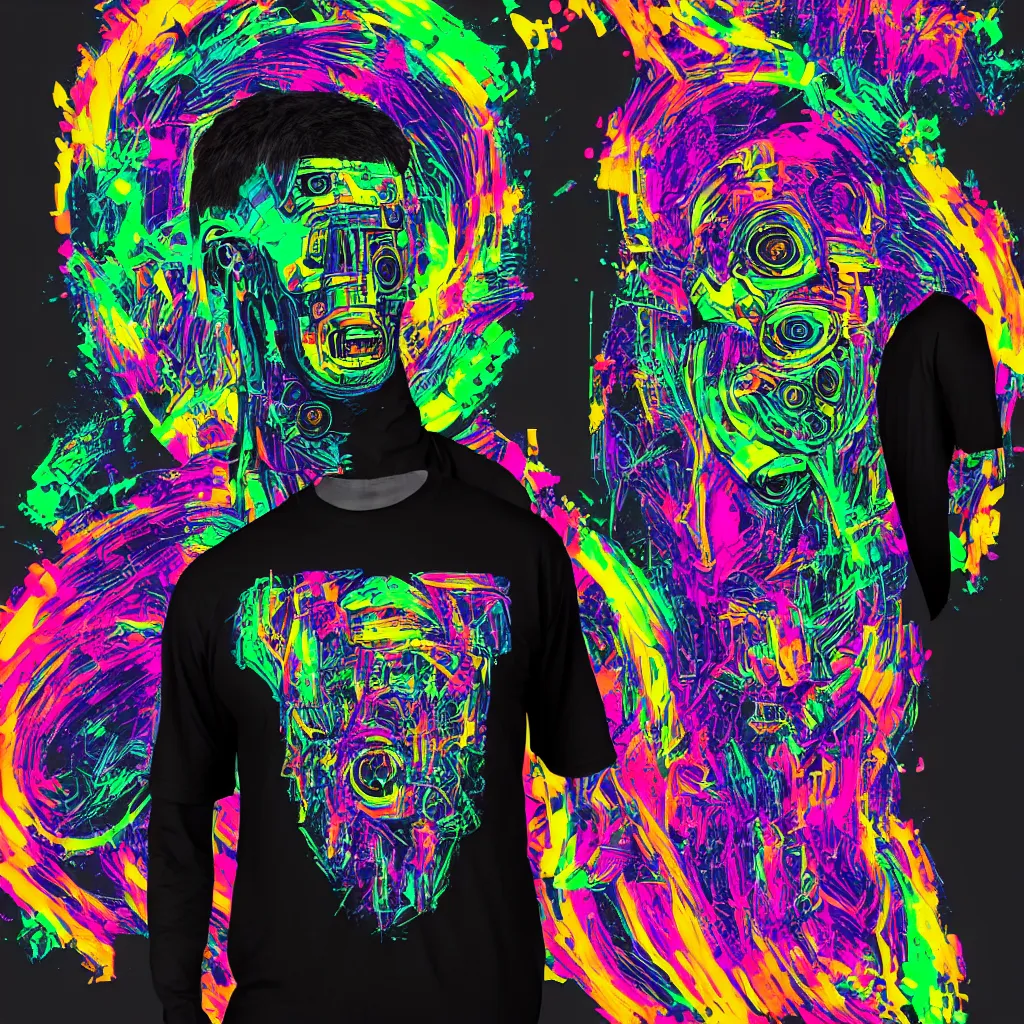 Prompt: mockup of a black tshirt with a hyperdetailed portrait of a trippy cyberpunk robot, 8 k, symetrical, flourescent colors, happy mood, multicolored,