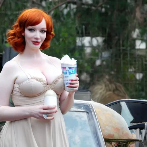 Prompt: christina hendricks in teddy with a can of whipped cream