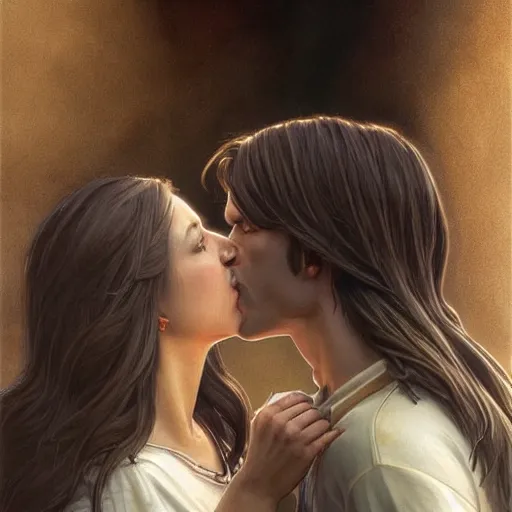 Image similar to jesus kissing a woman in a street, elegant, highly detailed, digital painting, artstation, concept art, matte, sharp focus, highly detailed, 4 k, hdr, smooth, sharp focus, high resolution, award - winning photo, photorealistic, art by artgerm and greg rutkowski and alphonse mucha, large shot