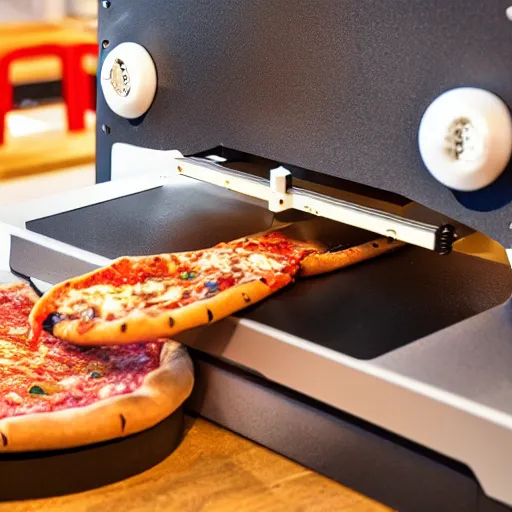 Prompt: a 3 d printer that makes pizza