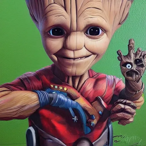 Image similar to very very cute portrait of baby Groot with the face of Nathan Fillion by Sandra Chevrier