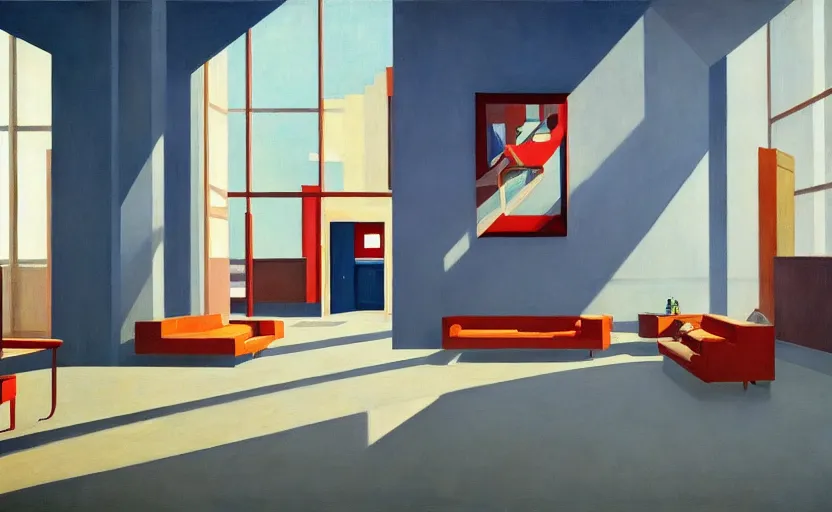 Image similar to Interior shot of contemporary museum with abstarct arts hanging on the wall, very coherent, painted by Edward Hopper, painted by James Gilleard, airbrush, art by JamesJean