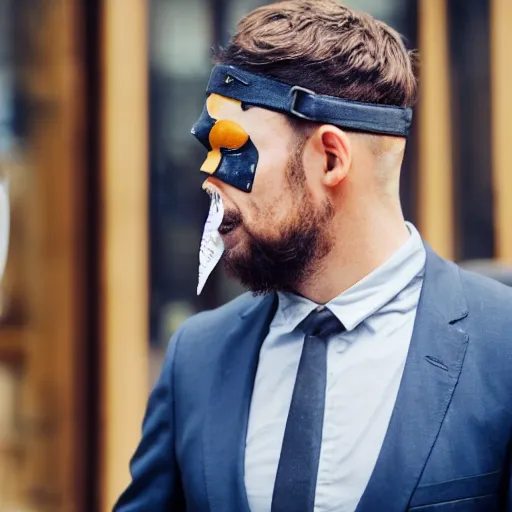 Prompt: man with eye patch in town for... business