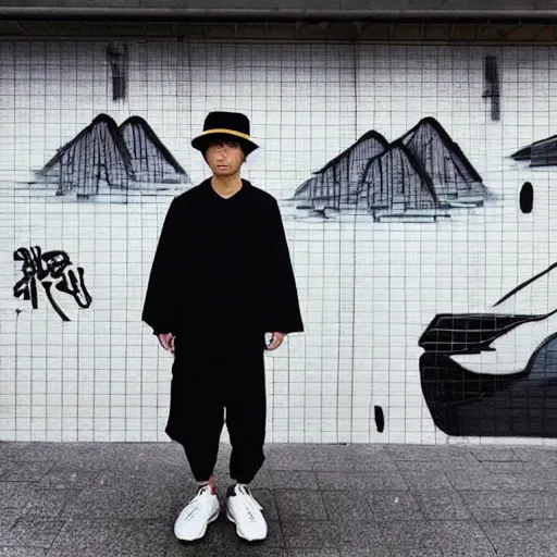 Prompt: “simple and elegant portrait of a Japanese man with a rice paddy hat in the foreground. And a graffiti tagged Tokyo train station in the background. Modern streetwear techwear style”