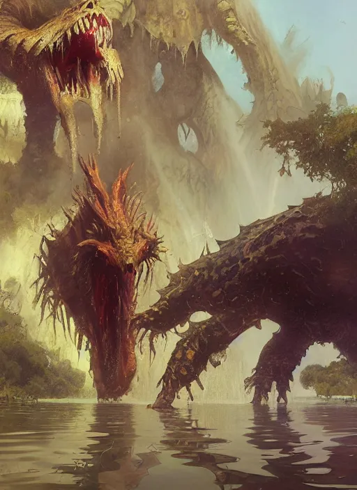 Image similar to huge towering brute beast demonic monster emerging from lake on sunny day, splashing, partially submerged, water cascading, by sergey kolesov and lawrence alma tadema and norman rockwell and greg staples and craig mullins and john berkey and ruan jia, artstation creature art