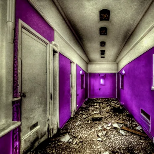 Image similar to unnerving and dark photograph of the inside of an abandoned insane asylum in an alternate horrific purple dimension