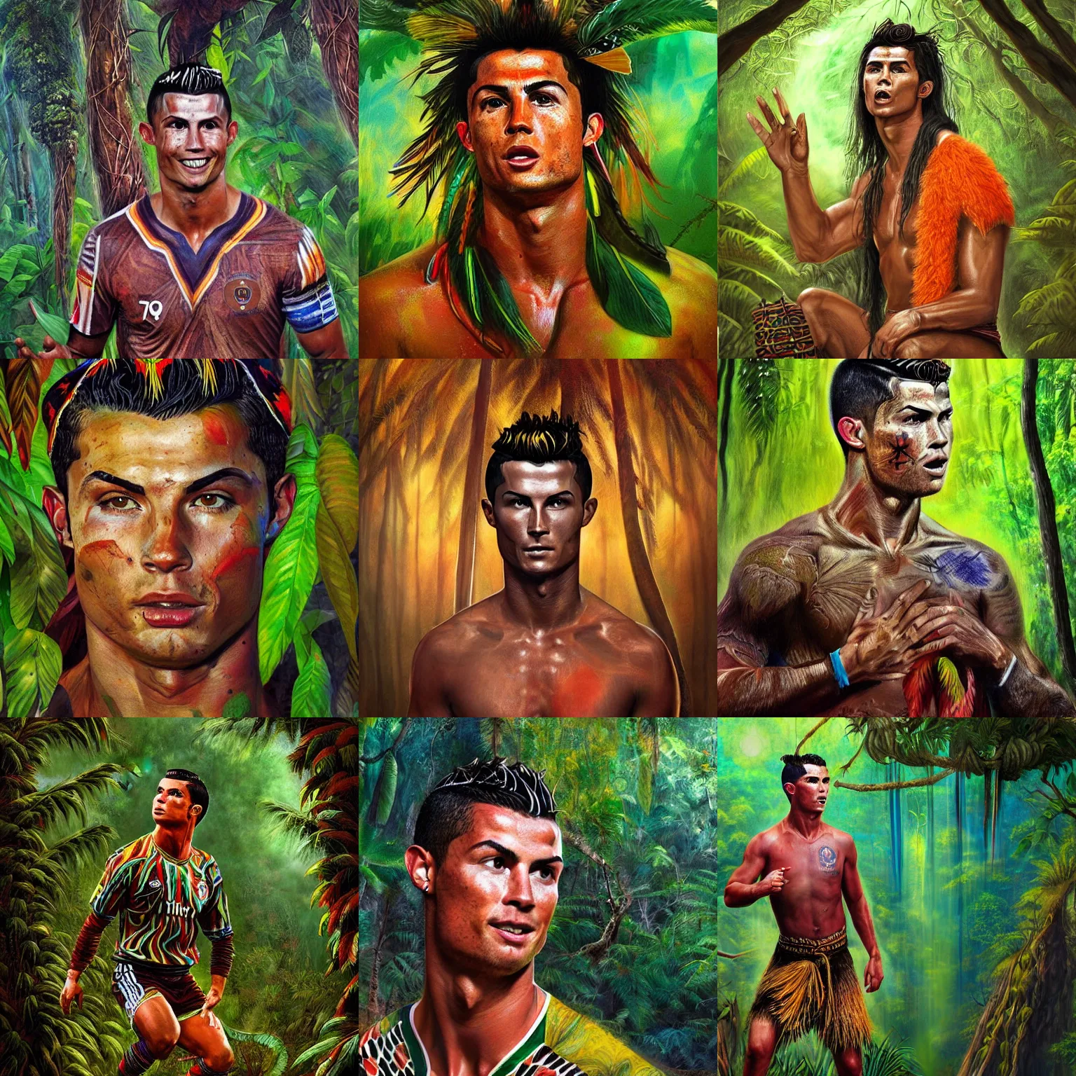 Prompt: beautiful painted portrait of Cristiano Ronaldo shaman singing in the jungle, matte painting, fantasy art, ayahuasca