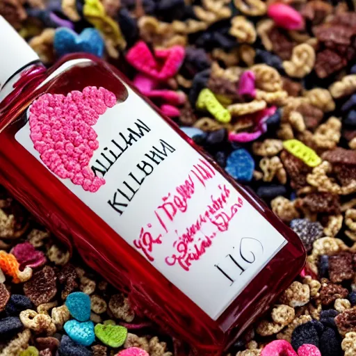 Prompt: a bottle of Kilian perfume, Kilian Love Don't Be Shy, the bottle of perfume is laying on cereal, the cereal is Kelloggs Fruity Pebbles, high resolution photo,